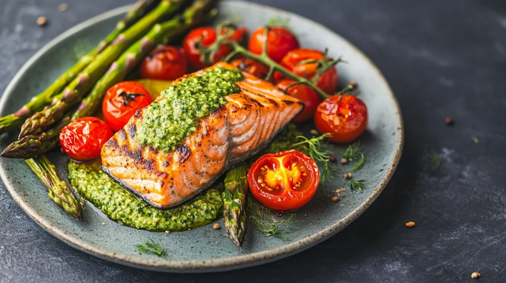 A side of roasted vegetables served with salmon pesto