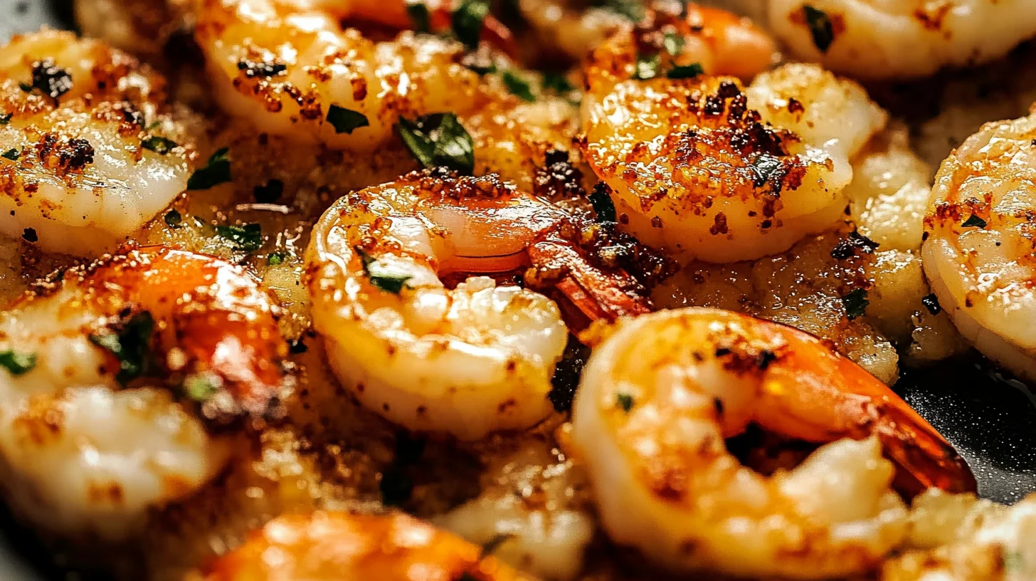 A platter of grilled shrimp seasoned with herbs and spices, served with lemon wedges.