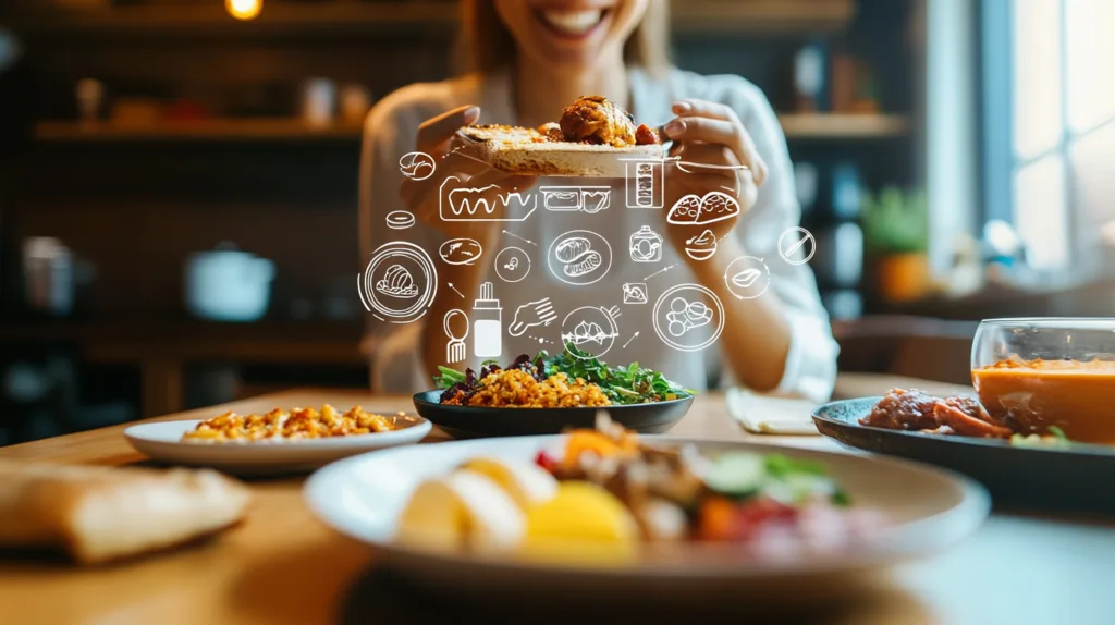Healthy person eating a meal, with gut health benefits depicted.