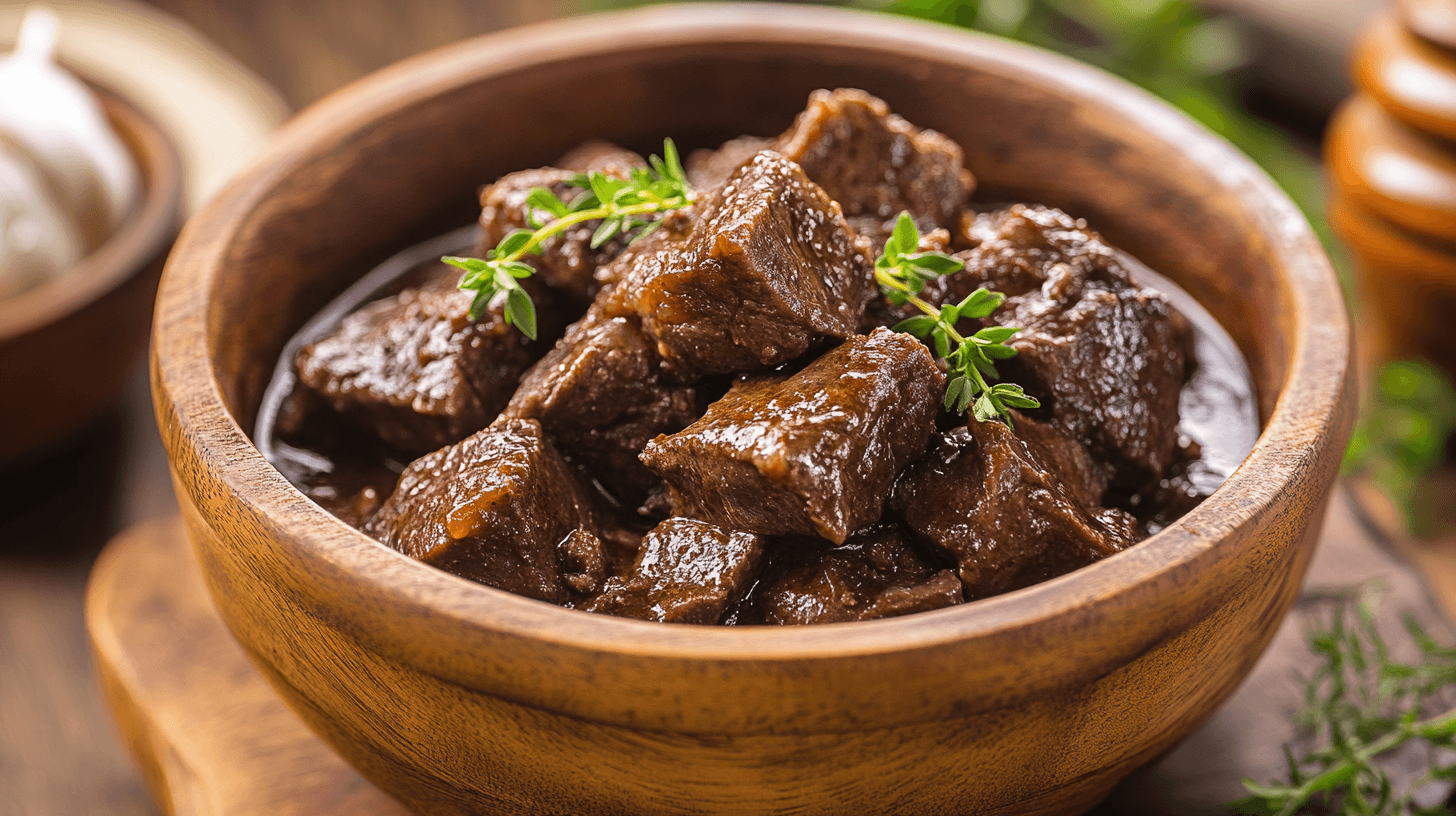 A steaming plate of slow-cooked venison with vegetables.