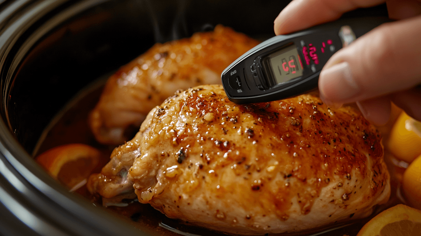 A slow cooker filled with chicken and vegetables on a kitchen counter.