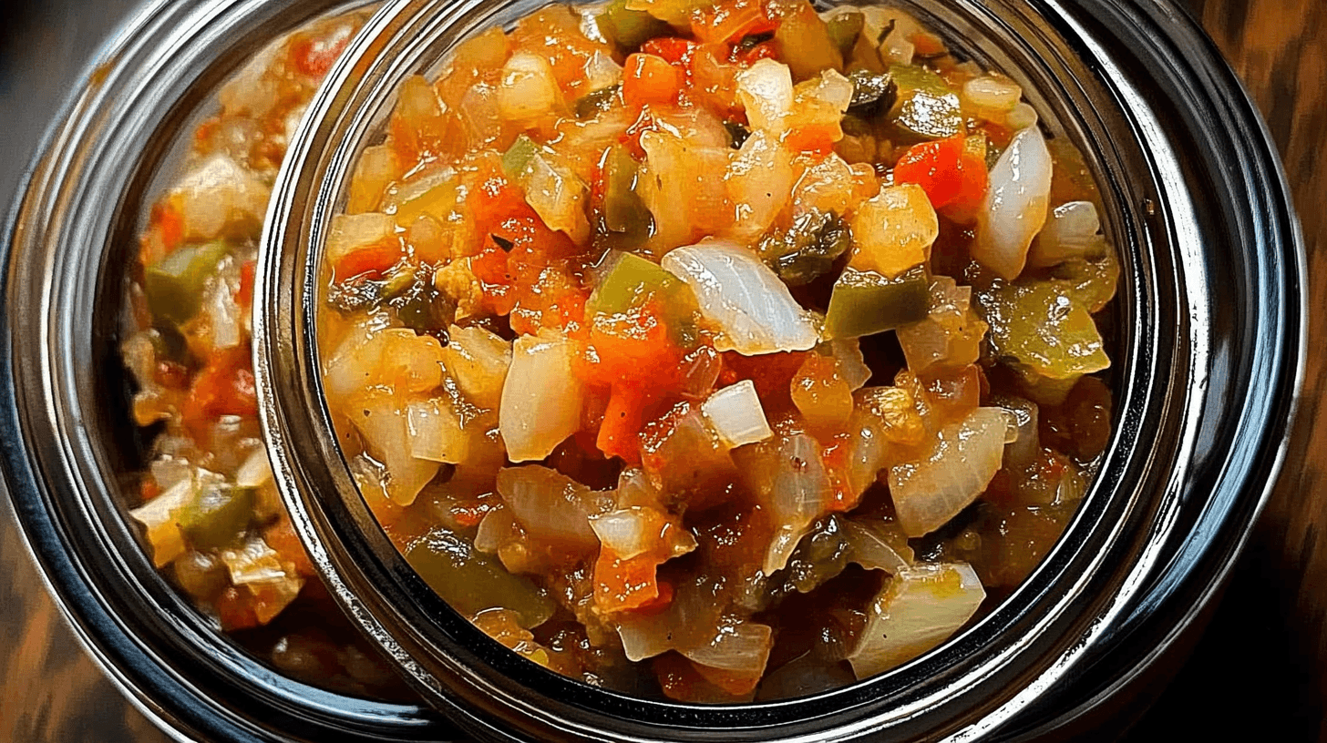 A jar of Southern Chow Chow relish with fresh vegetables on a rustic table.