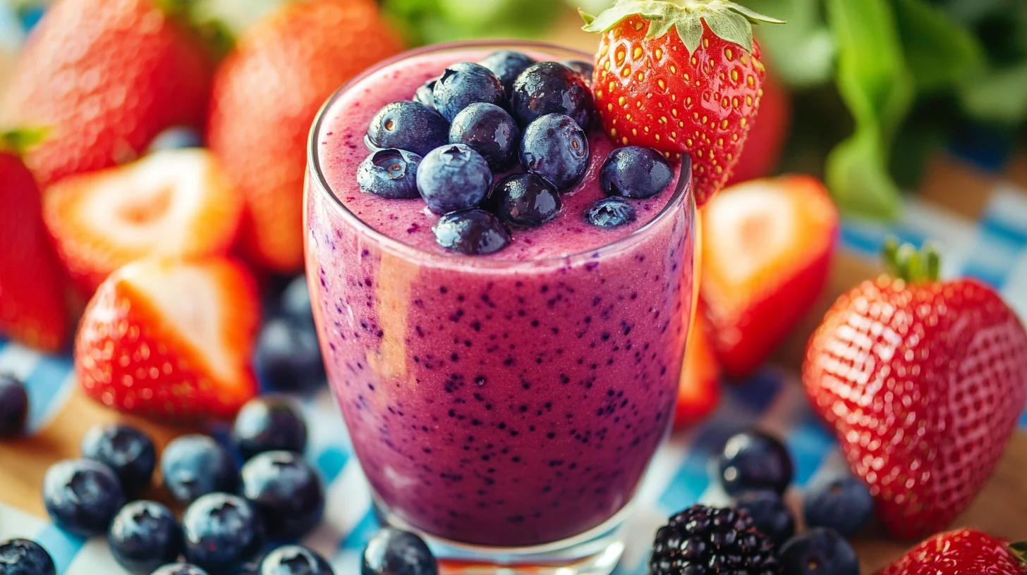 A vibrant strawberry blueberry smoothie served in a glass with fresh berries and a straw