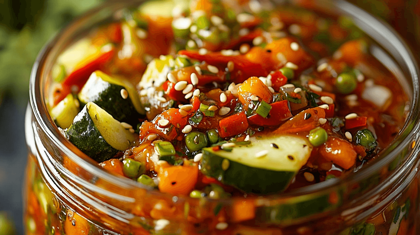 A jar of homemade chow chow relish surrounded by fresh vegetables and spices.