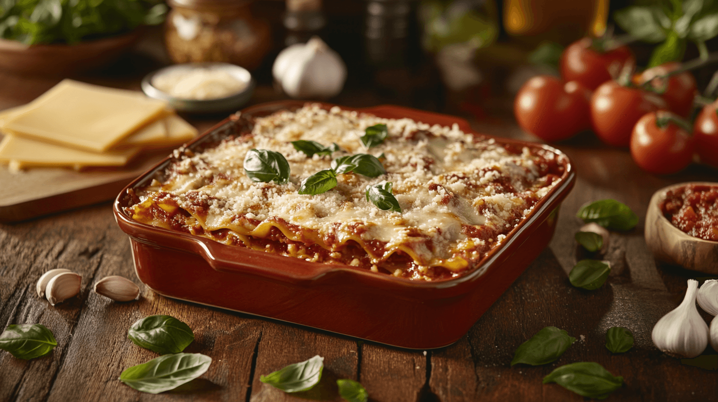 Traditional lasagna served in a baking dish with golden cheese and basil.