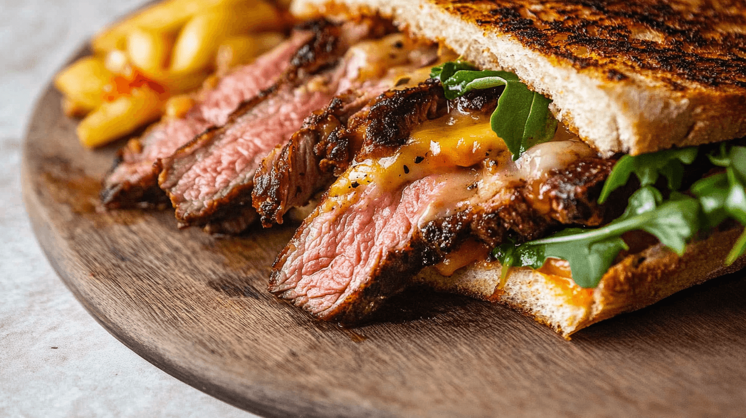 Gourmet tri-tip sandwich with classic sides and drinks on a rustic table.