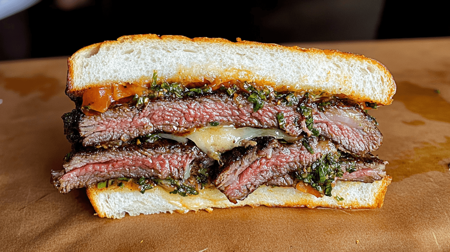 Sliced tri-tip steak and sandwich ingredients on a wooden cutting board.