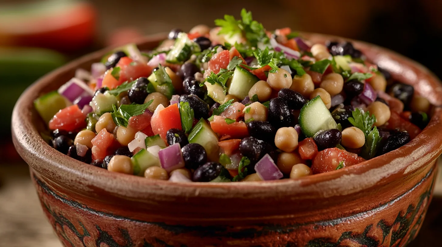 Colorful bean salad with fresh vegetables in a bowl