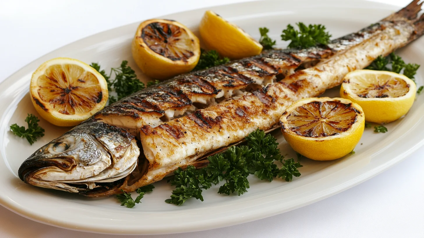 Whole roasted branzino with lemon and herbs.