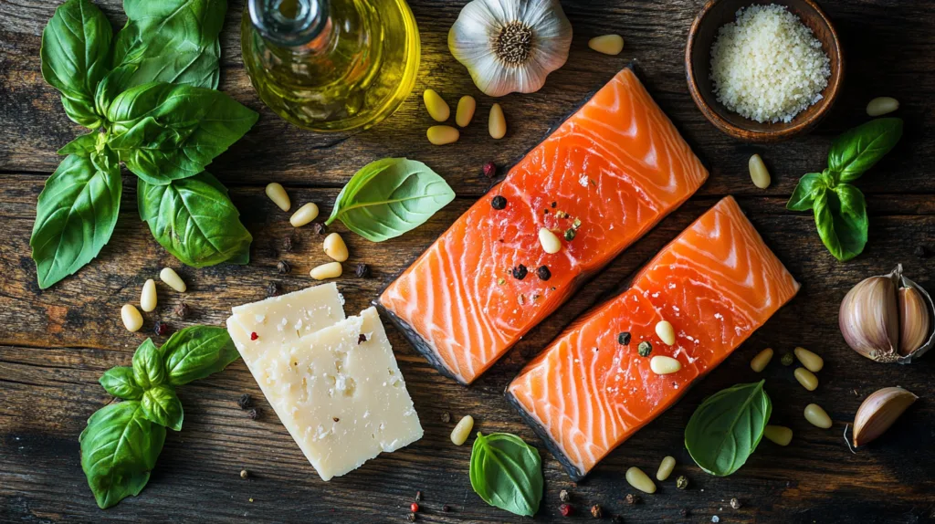 Fresh salmon fillets, basil, pine nuts, garlic, Parmesan, and olive oil on a wooden table