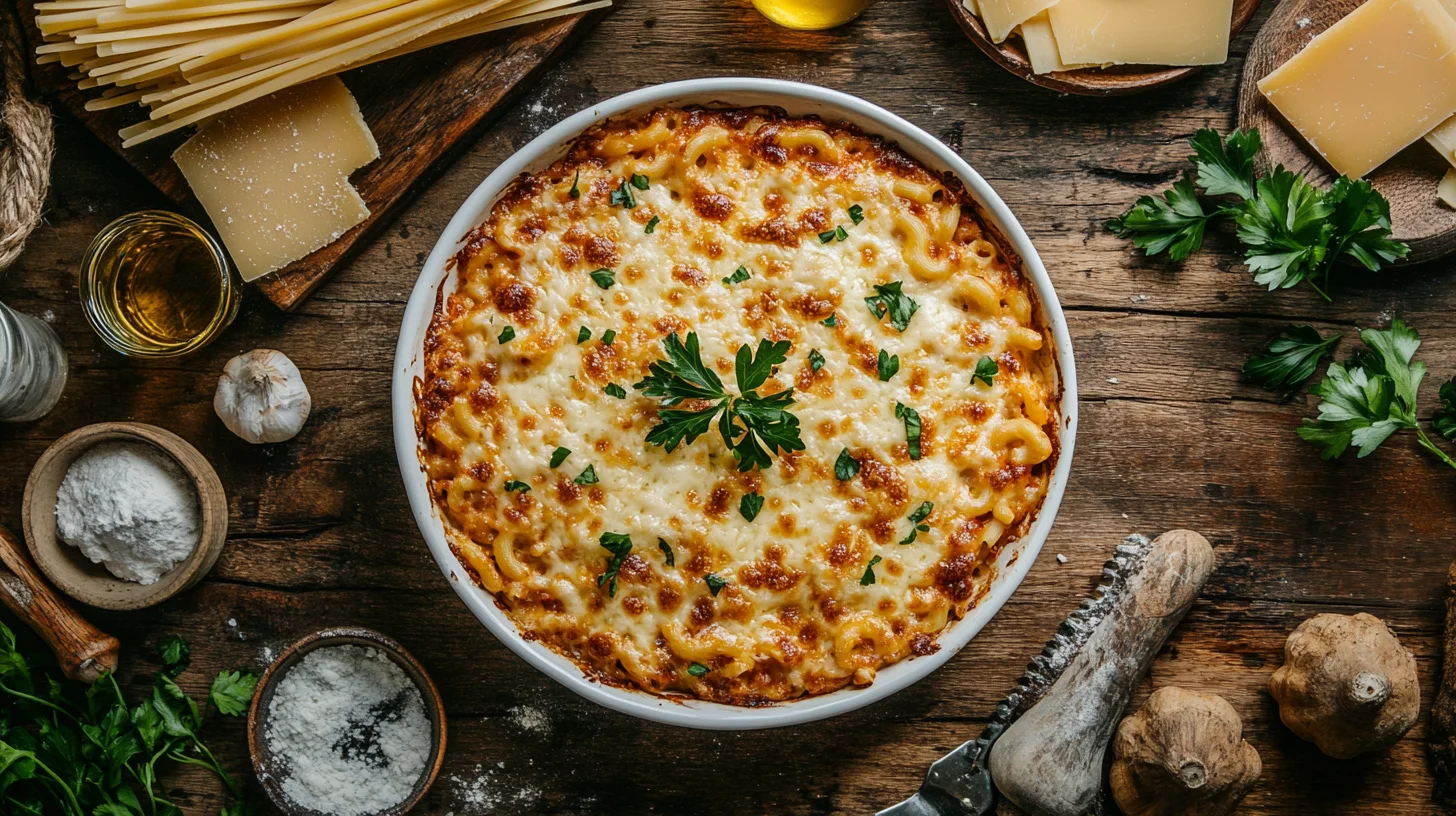 A creamy, golden-baked mac and cheese in a white dish.