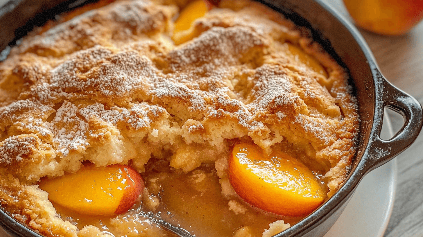 Dutch Oven and fresh peaches on a rustic table.