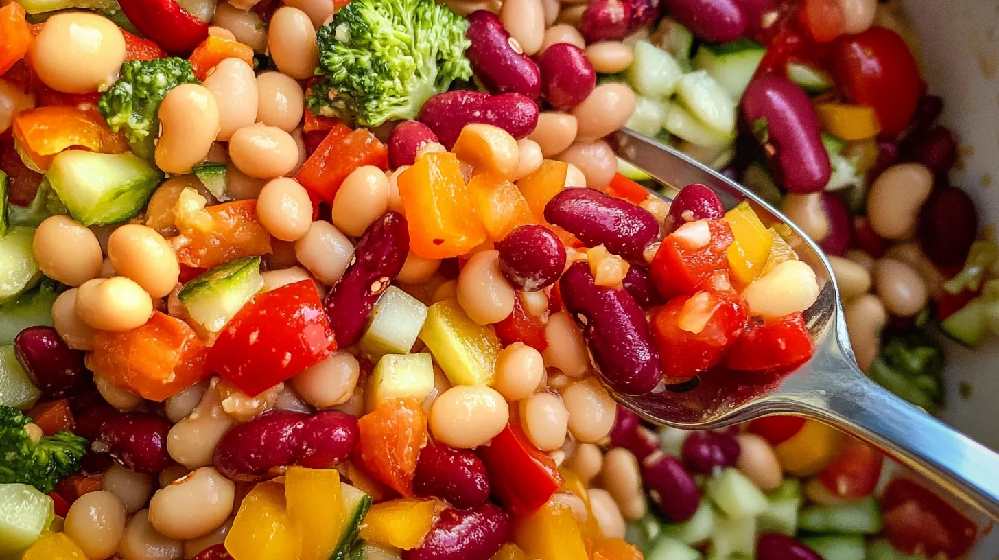 Dense bean salad in a bowl with fresh vegetables and dressing