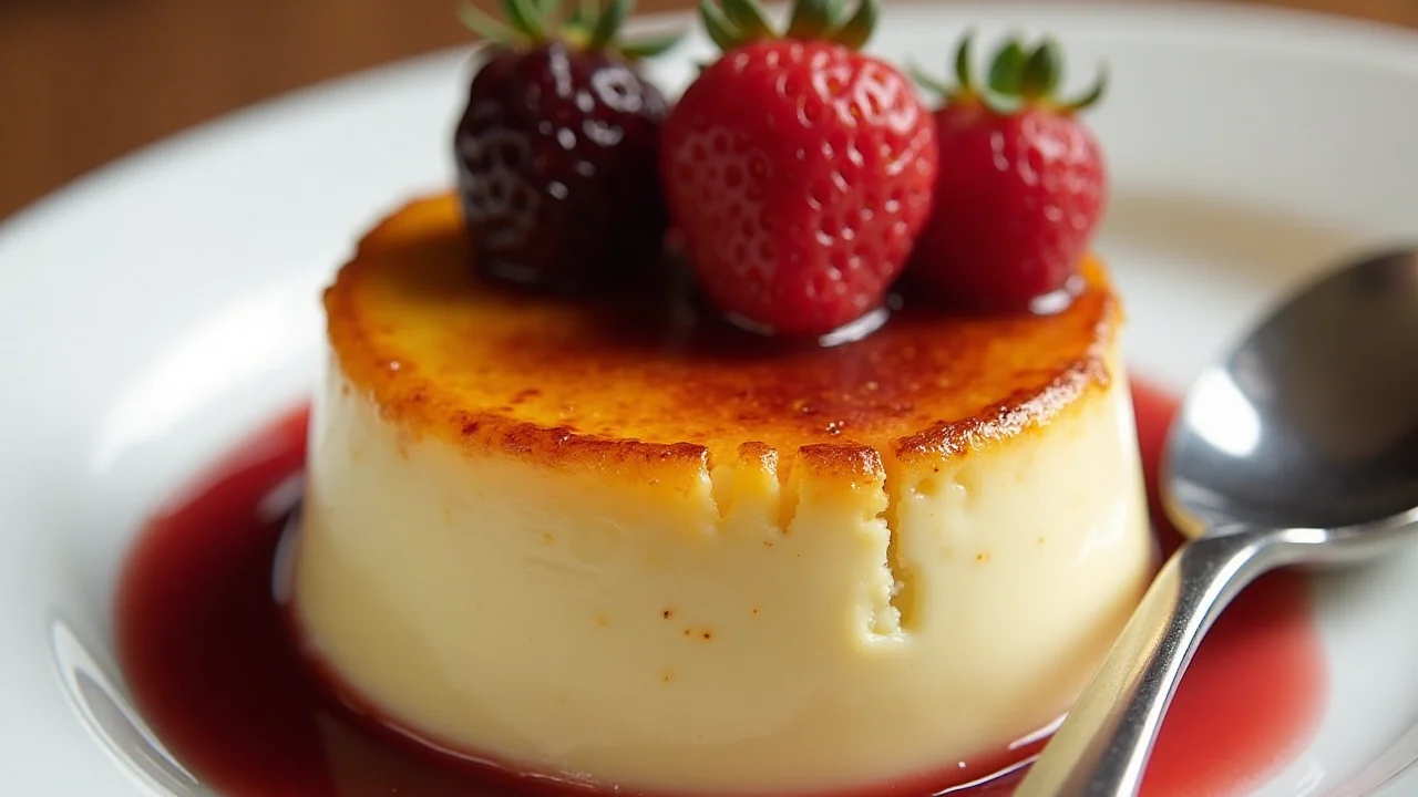 A served crème brûlée with a cracked caramel top and a spoon.