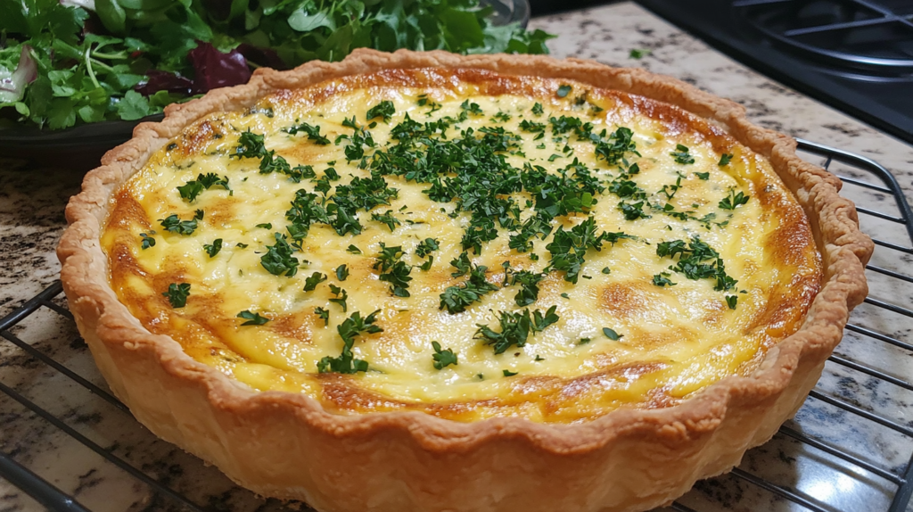 A golden-brown sour cream quiche ready to be served.