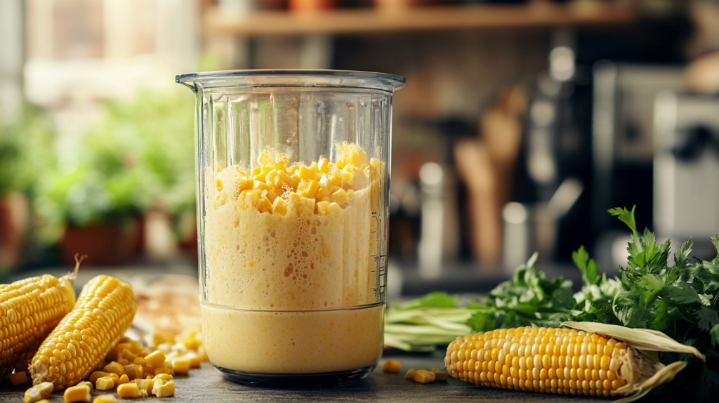 Corn soup mixture being blended into a creamy texture.