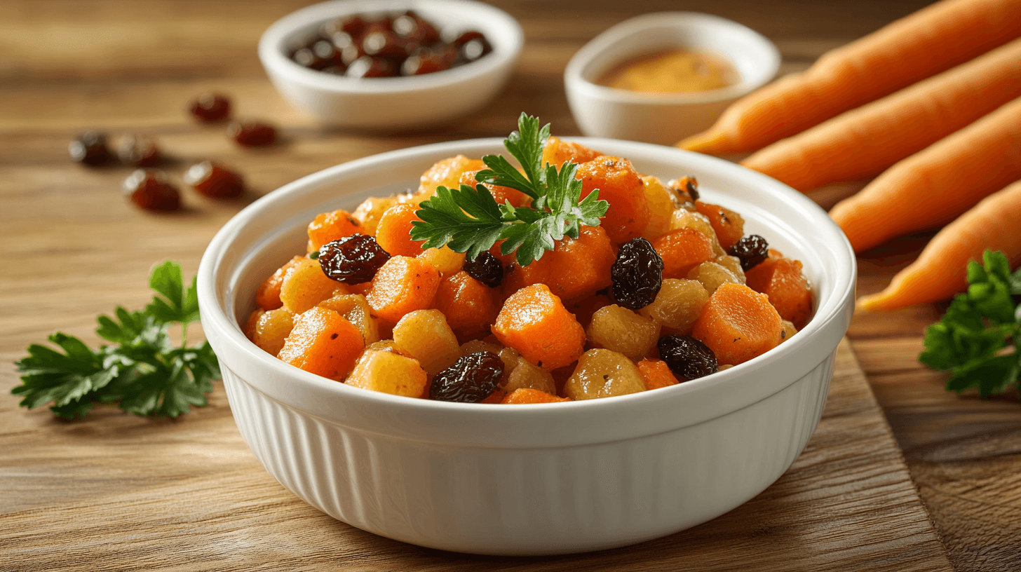 Carrot and raisin salad with fresh ingredients.