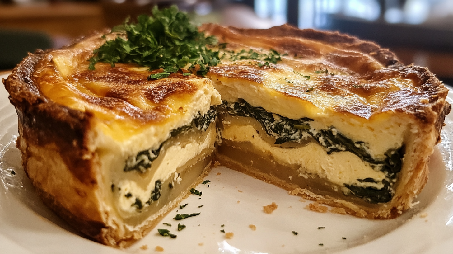 Close-up of a classic quiche slice with a golden crust.