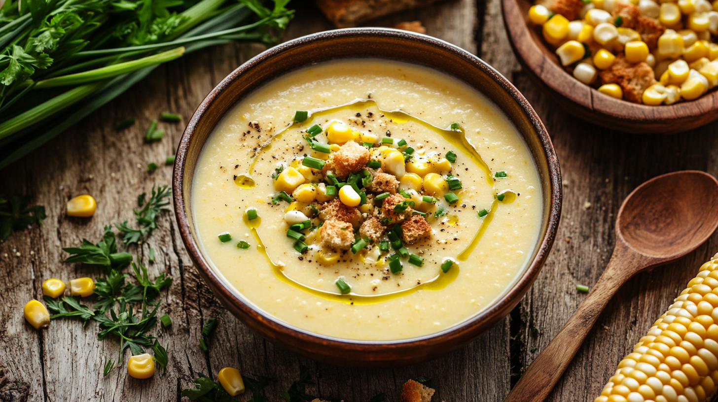 Creamy cold corn soup garnished with herbs and croutons