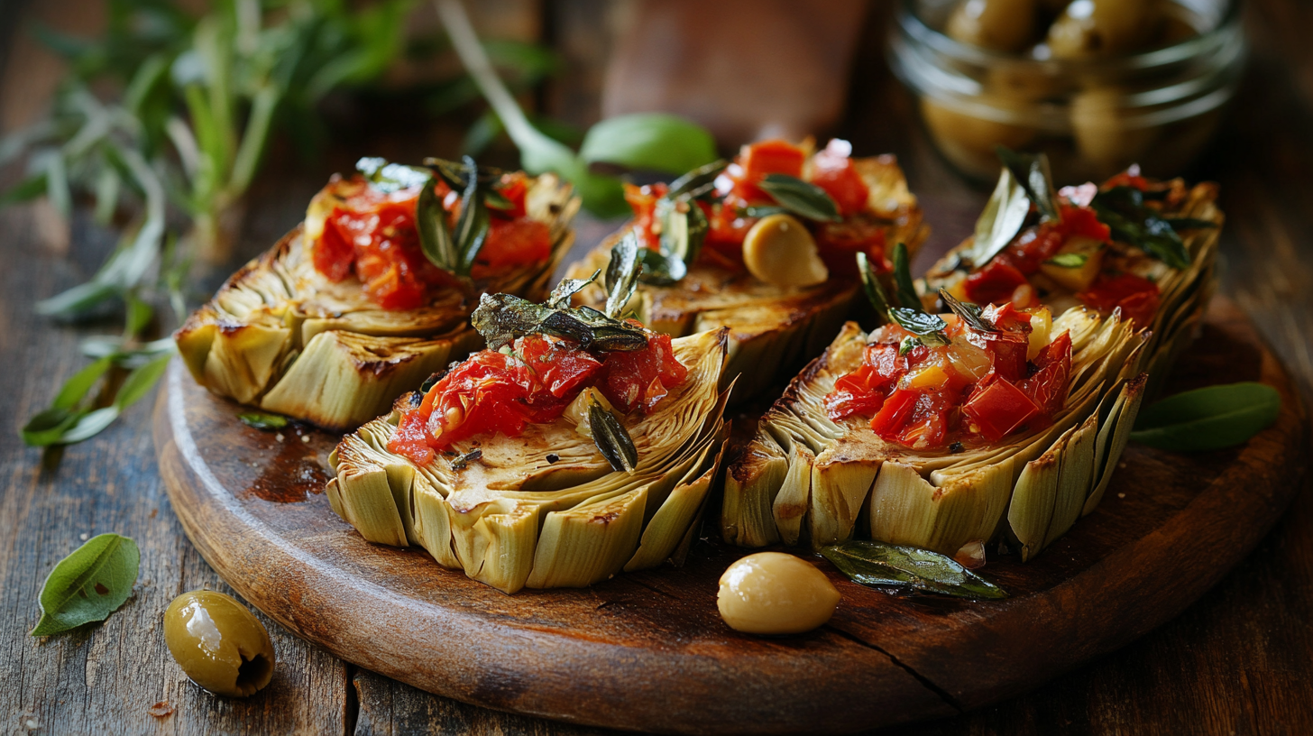 Vegetarian Italian antipasti featuring bruschetta, artichokes, olives, and sun-dried tomatoes on a rustic table.