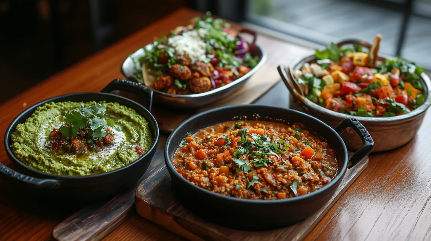 An assortment of global vegetarian dishes including hummus, ratatouille, falafel, dal tadka, and quinoa salad.