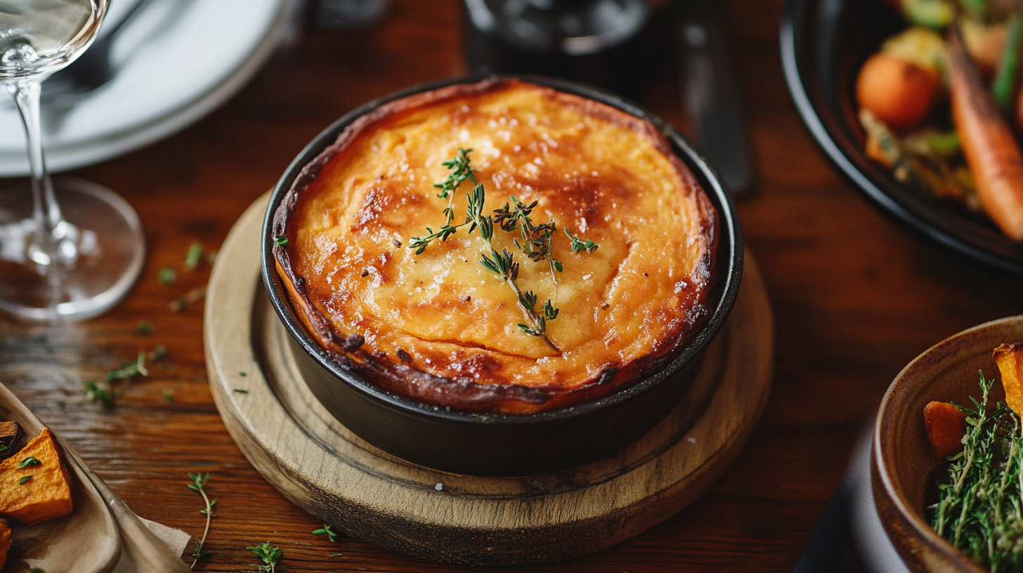 Perfectly cooked sweet potato fondant served with fresh herbs.