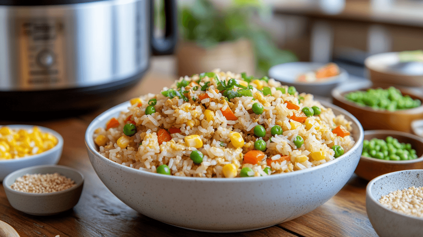 A bowl of fried rice with vibrant ingredients and an Instant Pot in the background.