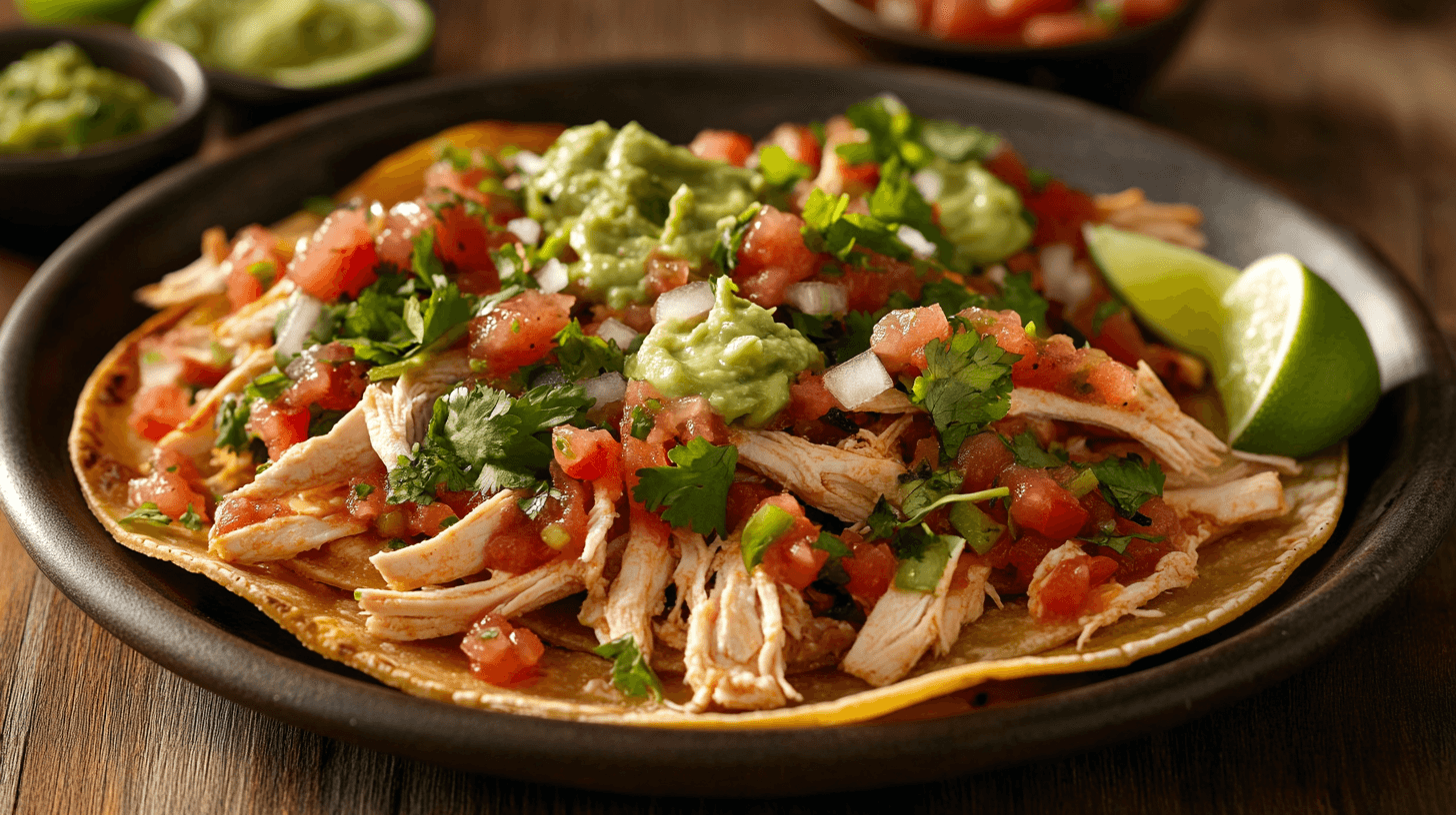 Ingredients for shredded chicken tacos laid out on a table.