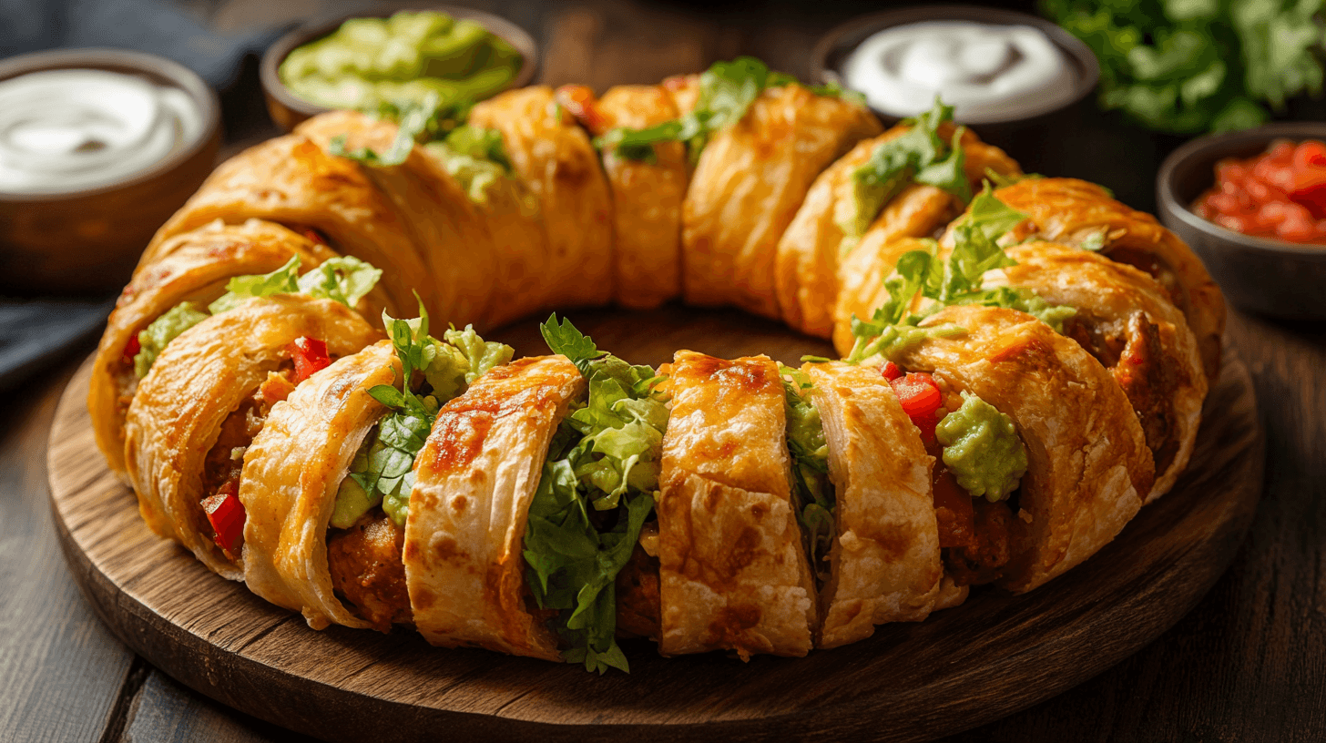 A golden-brown taco ring garnished with fresh vegetables and dips.