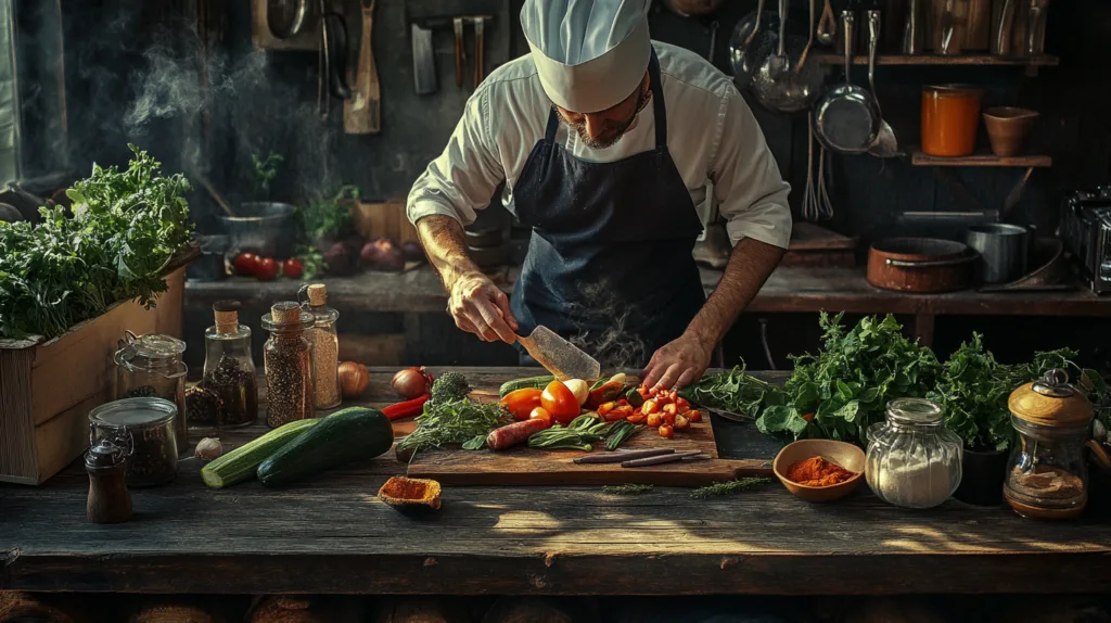 A chef slicing vegetables and arranging spices for a vegetarian meal on a wooden countertop.