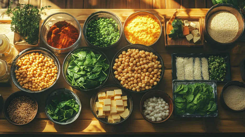 Raw ingredients such as chickpeas, spinach, tofu, and quinoa displayed with their nutritional values.