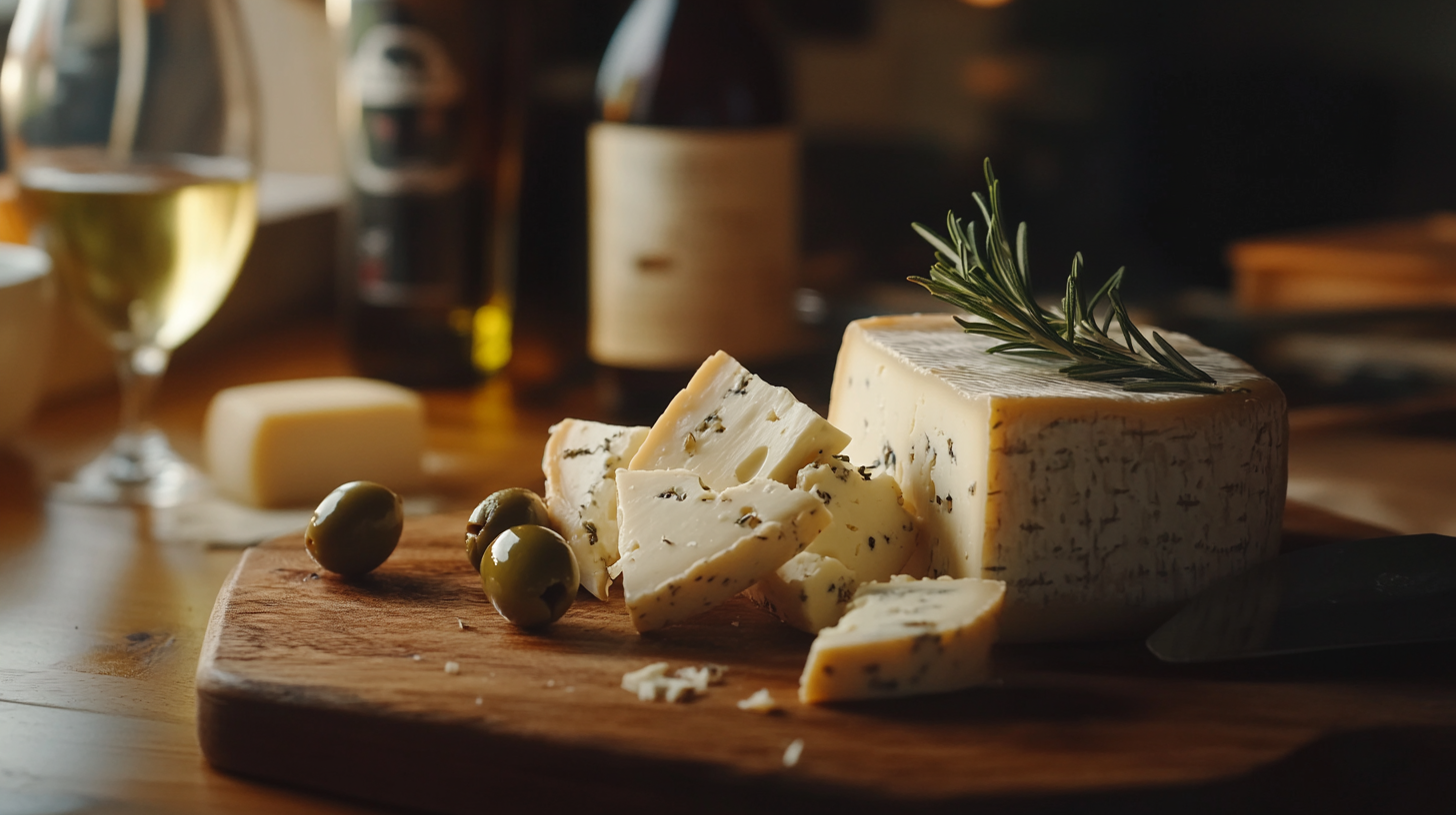 A beautifully styled Italian cheese board featuring wedges of vegetarian Parmesan, olives, and fresh herbs on a wooden cutting board.