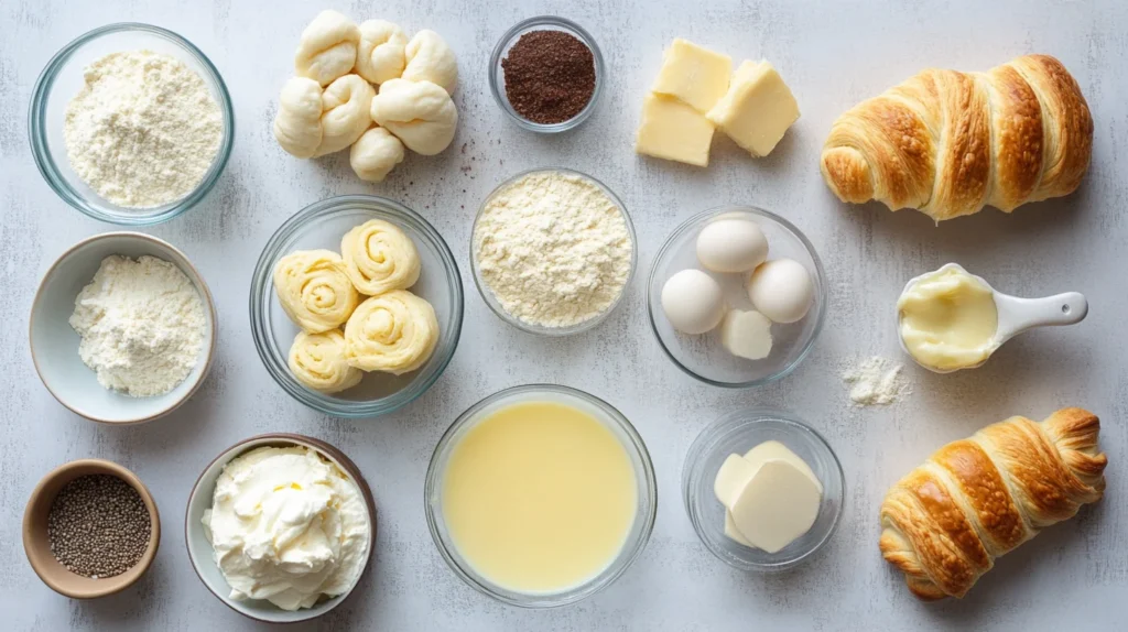 A top-down view of all the ingredients needed to make Pillsbury Crescent Roll Taco Bake, including crescent roll dough, ground beef, cheese, and seasonings.