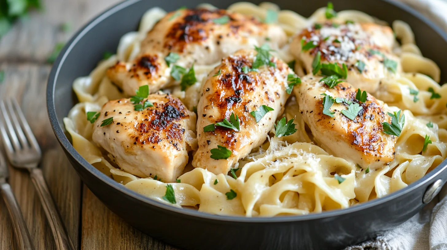 A bowl of One-Pan Chicken with Buttered Noodles garnished with parsley and Parmesan.