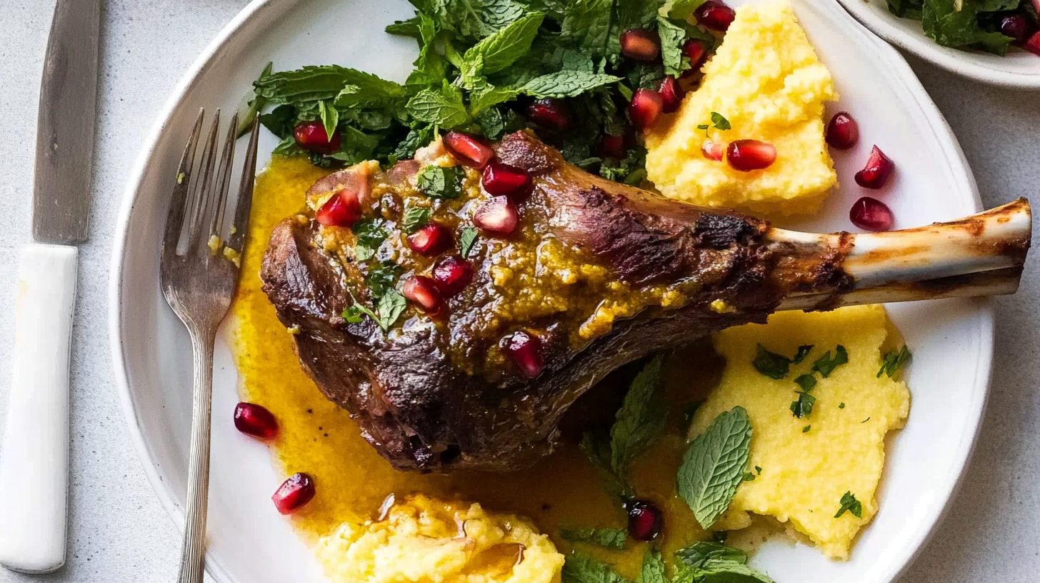 Persian Lamb Shank served with saffron rice, herbs, and traditional side dishes